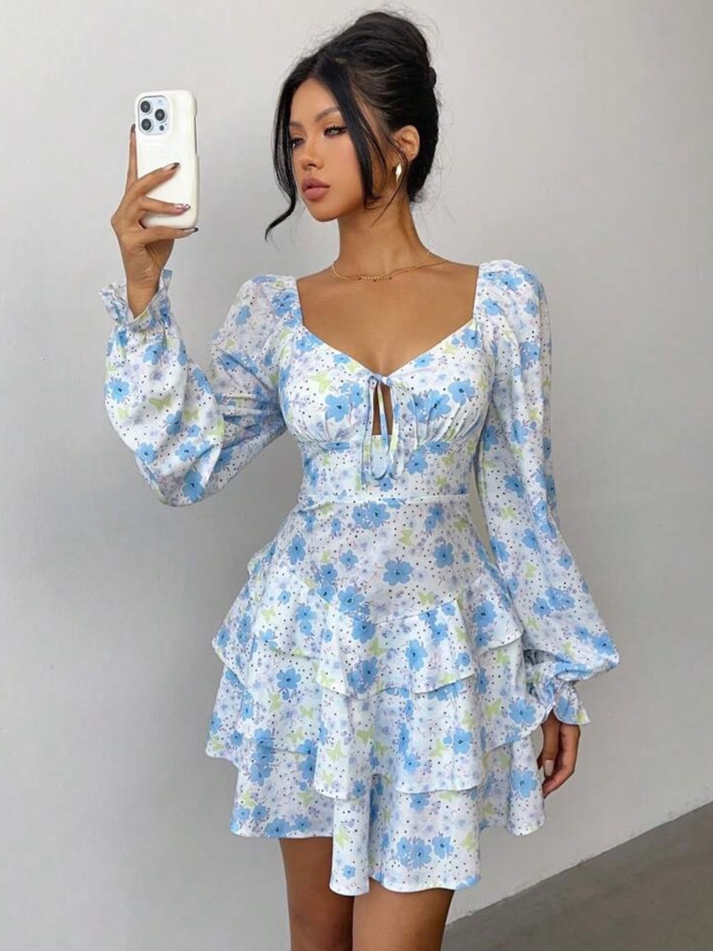 Floral Print Ruffle Hem Short Dress blue long sleeve fairy preppy